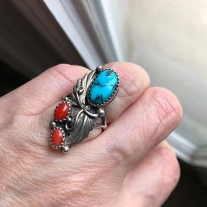 Gorgeous turquoise and coral sterling ring